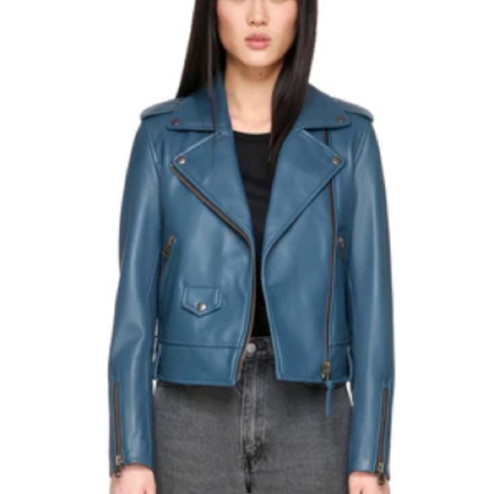 Mackage 100% Leather Baya Moto Biker Bomber Jacket in Ocean Blue, size L